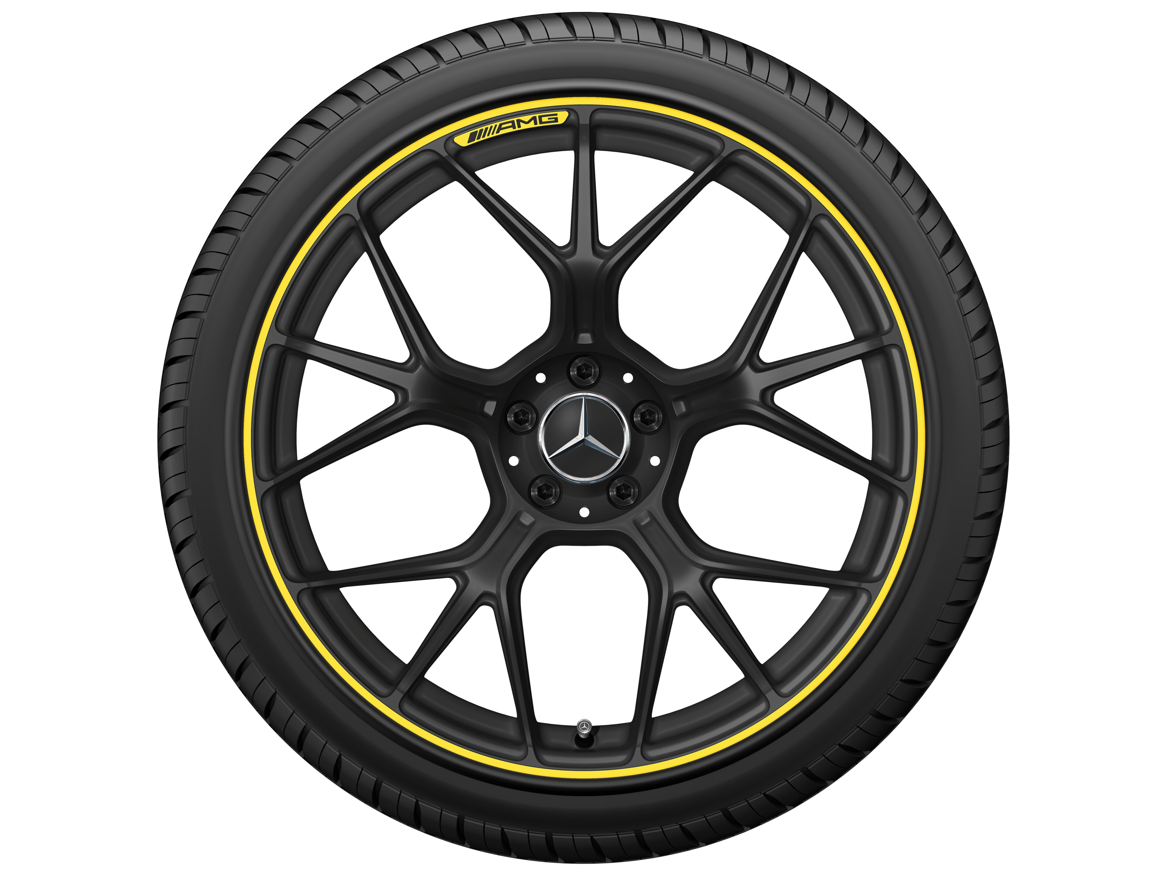 Gesmede AMG-velg In kruisspaak-design, 50,8 cm (20 inch) - 11 J x 20 ET 24,1, Matzwart / dignaalgeel, glanzend gepolijst