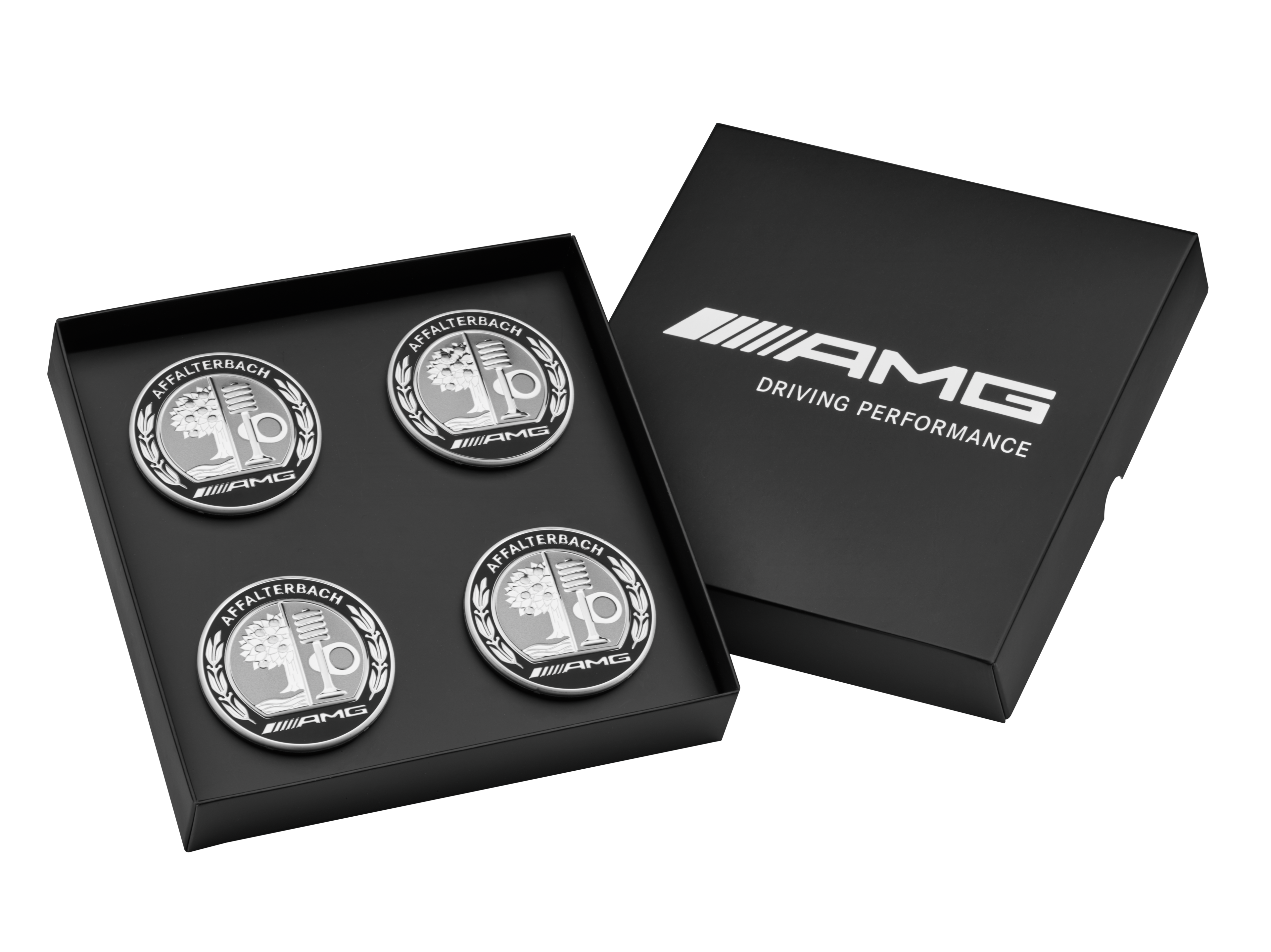 AMG-naafdop, met AMG-logo, Set van vier, voor centreergatdiameter van 66,8 mm - zilverkleurig / zwart