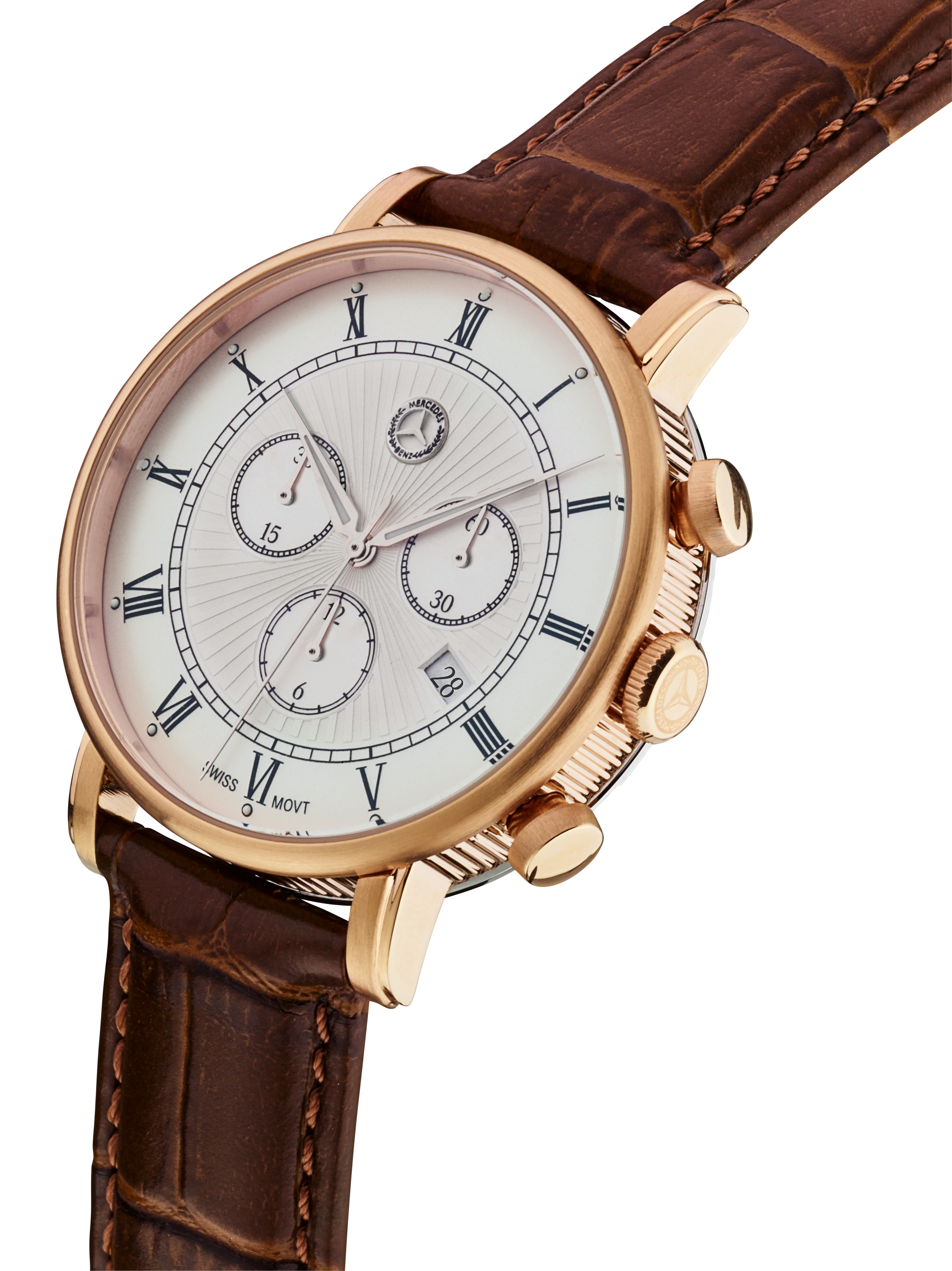Chronograaf heren, Classic Retro Gold - Roségoudkleurig / bruin, edelstaal / Kalfsleder