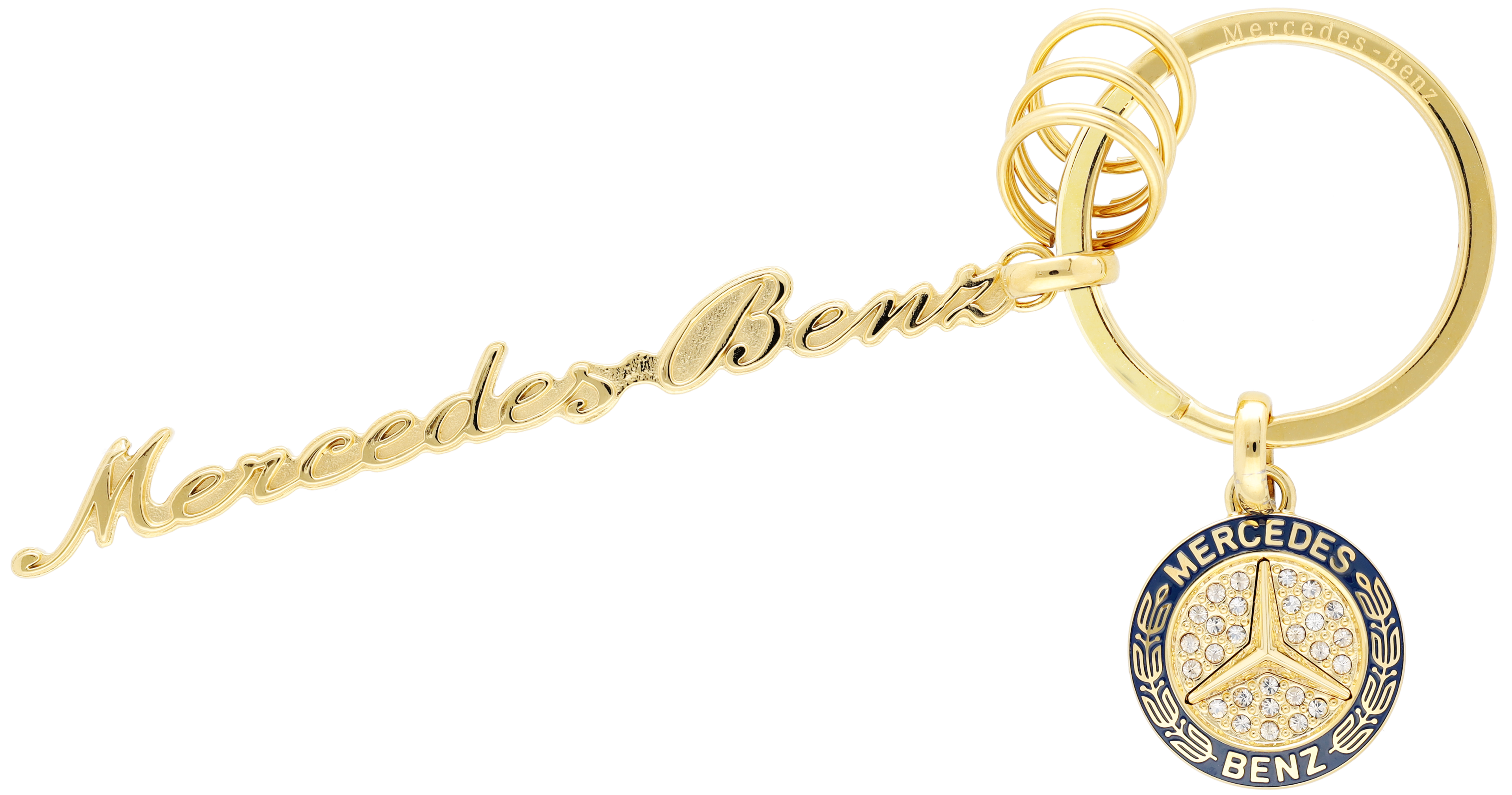 Sleutelhanger, Mercedes Classic opschrift - goudgeel / blauw, edelstaal / Kristalglas, Gepolijst